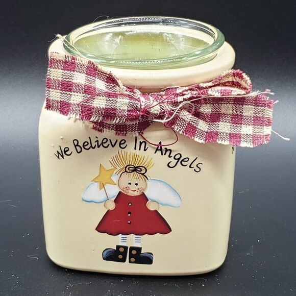 Crazy Mountain Vintage We Believe in Angels Glass Votive Candle Holder - Picture 1 of 11
